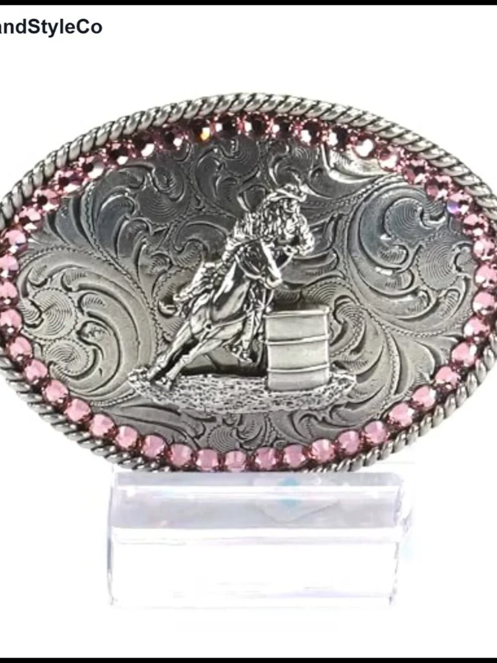 Girls Western Barrel Racer Belt Buckle with Pink Crystals